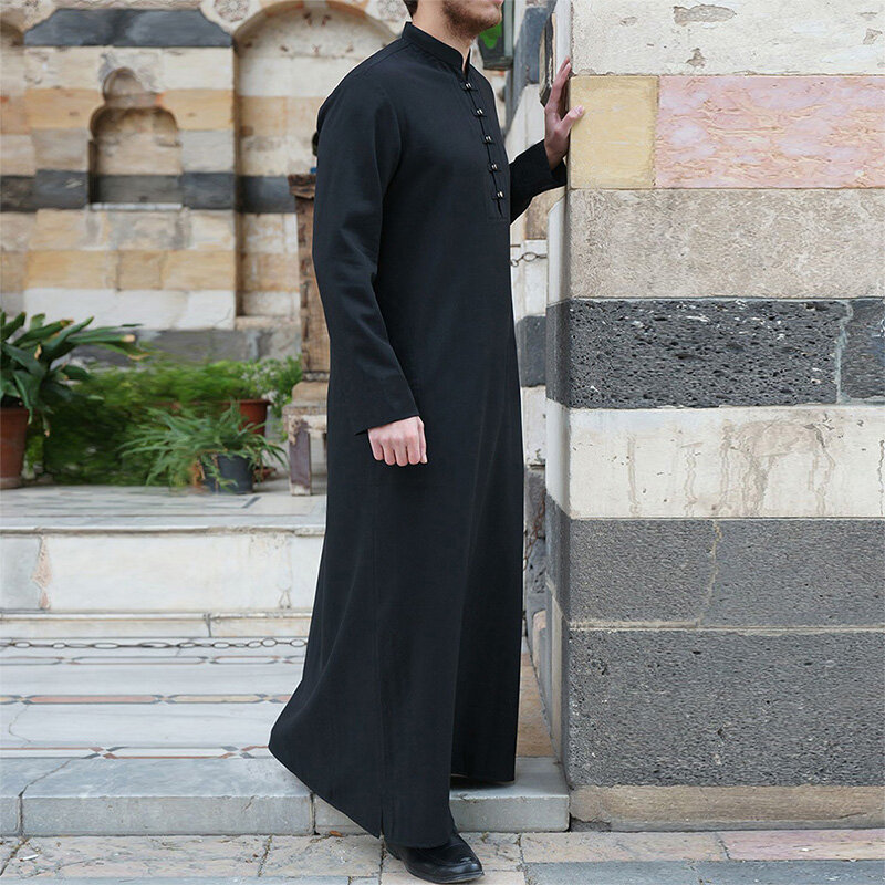 2024 New Solid Middle East Arabian Gown Standing Neck Door Barrel Long Sleeve Gown Button Simple Large Men's Muslim Gown