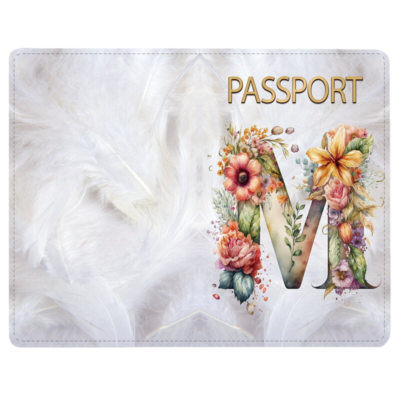 レザーパスポートホルダートラベルウォレット、パスポートカバー、カードケース、ドキュメントオーガナイザー、フローラルレターネームパターン