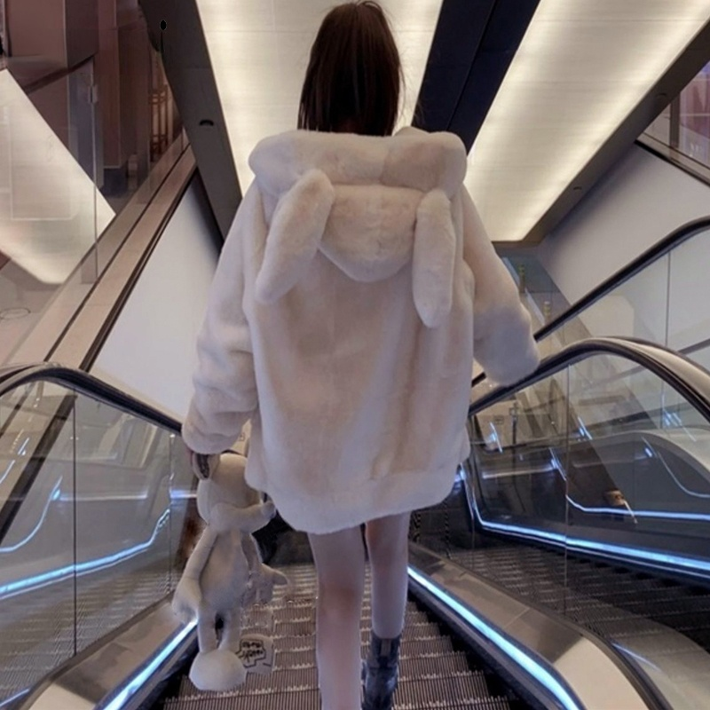Jacke Damen Reiß verschluss Winter übergroße weiche Harajuku Kawaii Kapuze Hasen ohren Plüsch Kunst kaschmir Mantel plus Samt gepolstert 2024