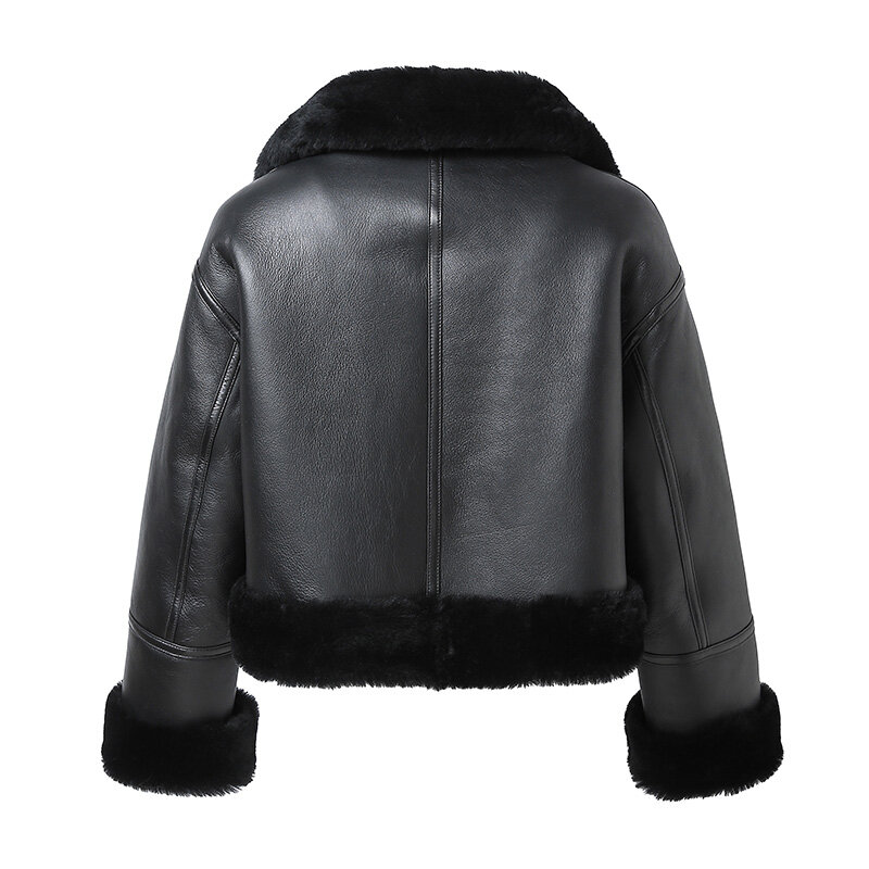 Женские куртки из натуральной овечьей кожи, новинка 2022, пальто, зимние толстые теплые байкерские модные мотоциклетные пальто с меховой подкладкой из ягненка 7944B