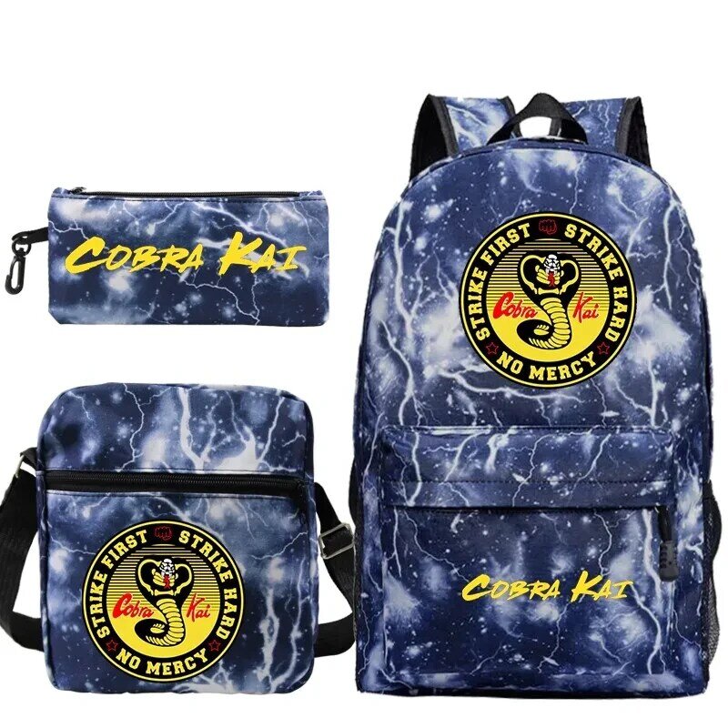 Set ransel gambar Cobra Kai, 3 buah tas punggung pelajar sekolah dasar, tas punggung ringan, tas bahu tas buku untuk anak laki-laki dan perempuan