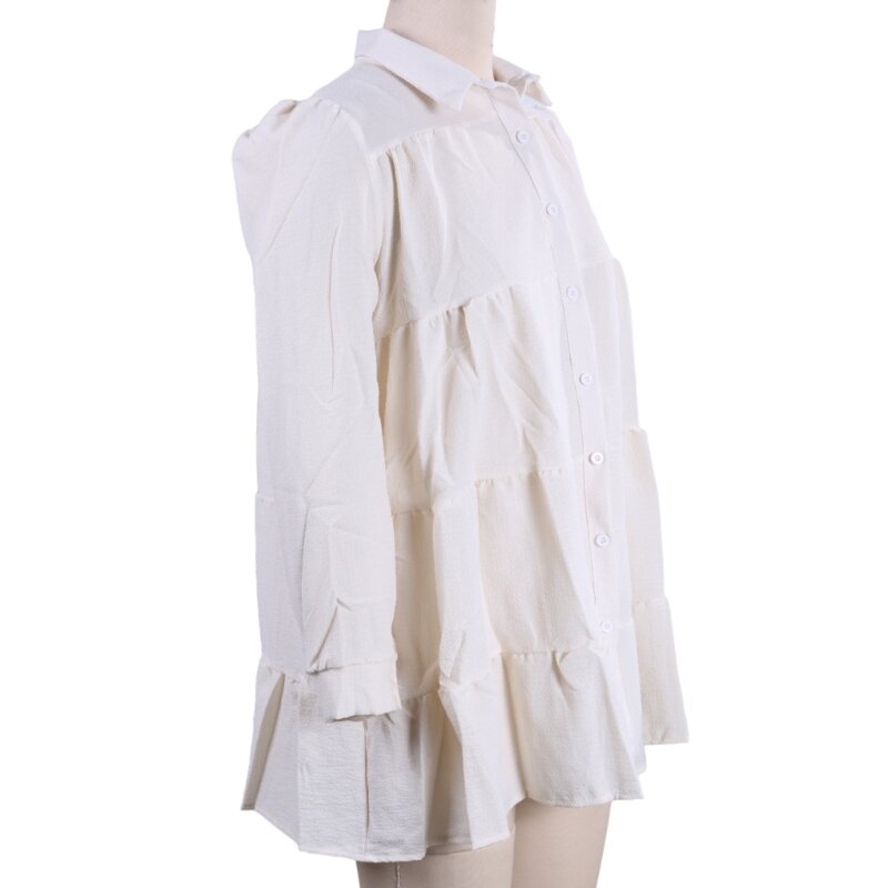 여자 우아한 퍼프 긴 소매 버튼 업 라인 티어드 프릴 스윙 셔츠 드레스