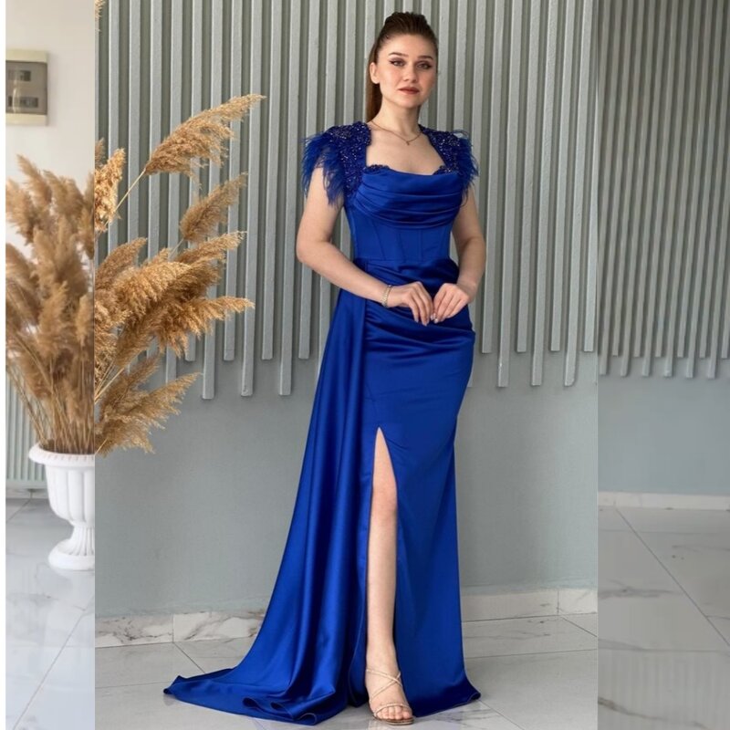 Ball Dress Evening Jersey Feather Beading Formal  A-line Square Neck Bespoke Occasion Gown Long Dresses Saudi Arabia