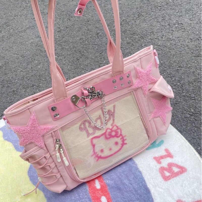 MBTI-sacola Hello Kitty para mulheres, patchwork rosa, bolsa de ombro casual, corrente, moda doce, bolsa feminina, lona, rosa, Y2k
