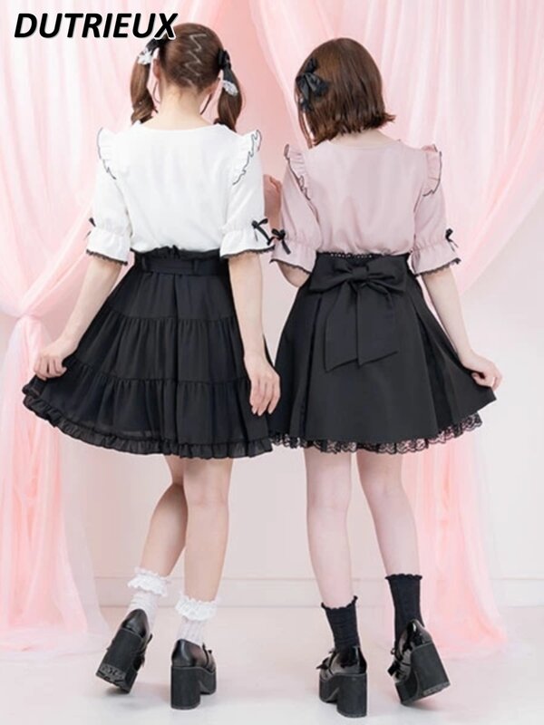 Рубашка Mine Japanese Lolita короткий рукав, с бантом женская, милая блузка с квадратным вырезом и оборками, лето