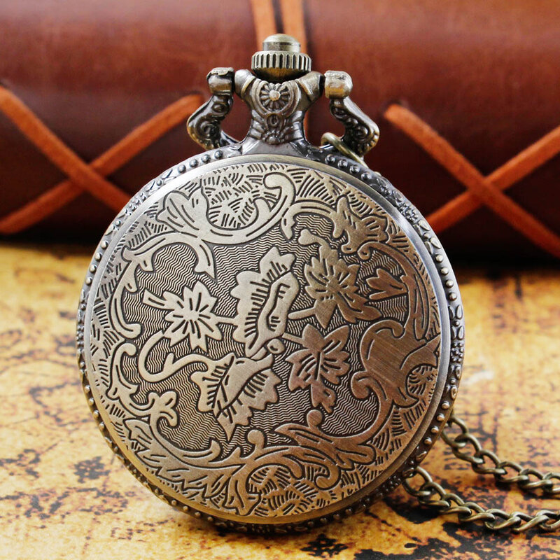 Animal Wolf Dog Carved Pocket Watch Necklace Arabic Numerals Hollow Quartz Pocket FOB Watch 80cm Chain Art Collection