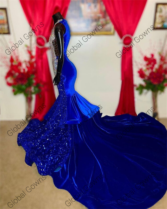 Sparkly royal azul o pescoço longo vestido de baile para meninas pretas 2023 vestidos de celebridades lantejoulas frisado festa de aniversário vestidos sereia