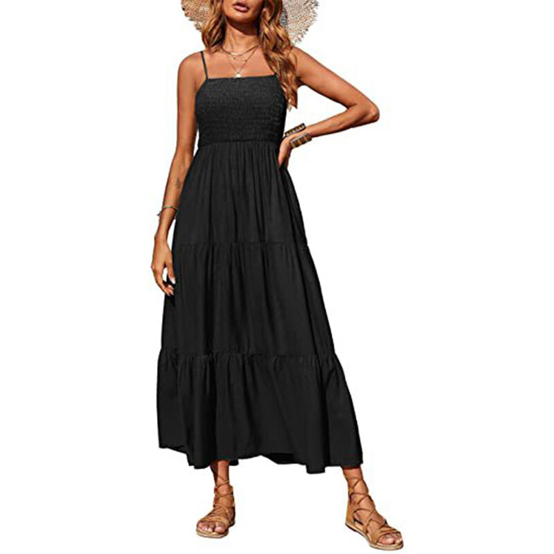 Comfortable All Seasons Daily Dress Skirt Loose Multi-layered Pleats Sleeveless Suspenders Tube Top Wide Hem Womens