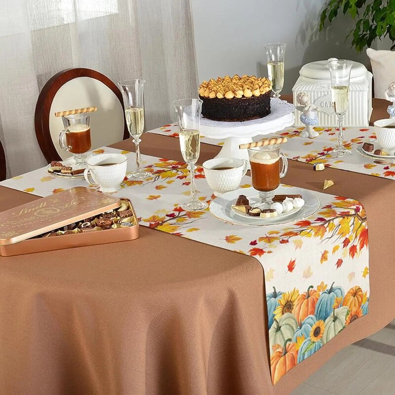 Fall Thanksgiving Pumpkin Maple Leaves Linen Table Runners Farmhouse Dresser Scarf Table Decor Wedding Party Dining Table Decor