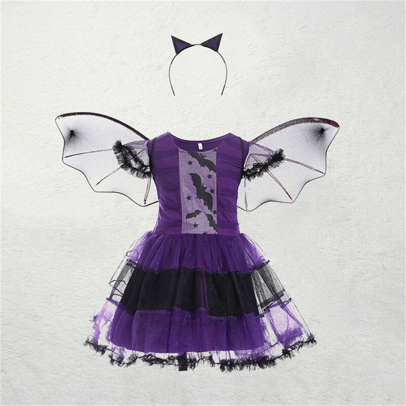 2022 Christmas Halloween Carnival Party Girls Purple Bat Costume Wings Headwear Birthday Masquerade Toddler Witch Dress Up