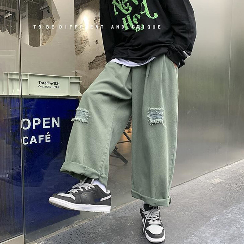 Celana Panjang Longgar Ceruk Merek Pasang Tren Pria Jeans Sobek Pakaian Retro Jepang Baru Celana Crop Kaki Lebar Celana Panjang Lurus Longgar