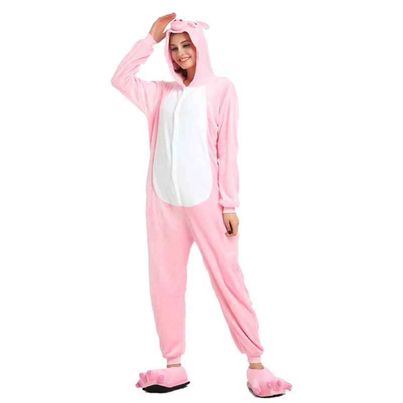 Piyama flanel merah muda babi, Jumpsuit satu potong pakaian tidur wanita lengan panjang hangat bertudung untuk pasangan