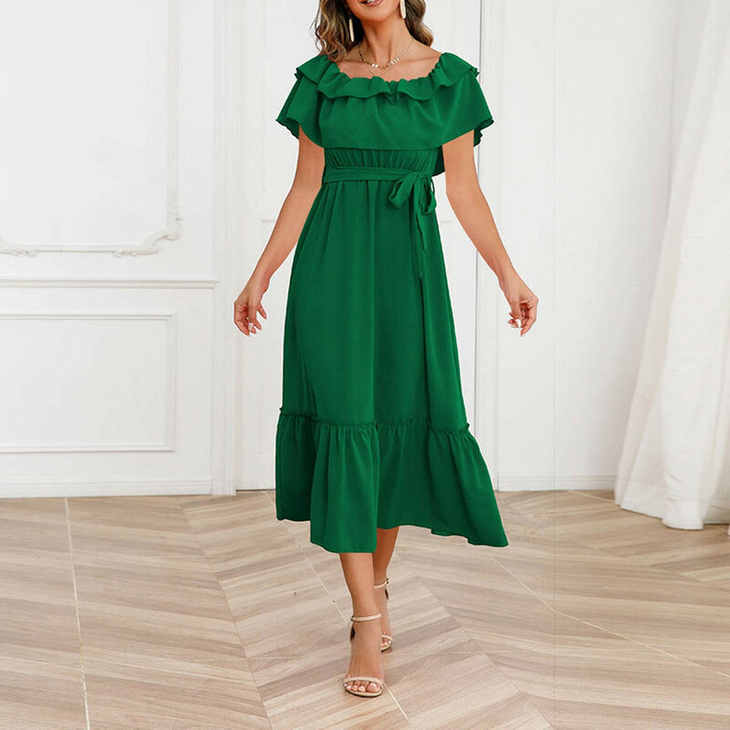 Womens Solid Color Sexy One Line Neck Off Shoulder Mid Length Dress Fashion Beach Dress Casual Dress Midi Dress with Slit