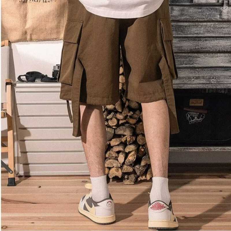 Pantaloncini Cargo tasche da uomo larghi tutto-fiammifero stile giapponese Chic High Street lunghezza al ginocchio Harajuku moda estate semplice College nuovo