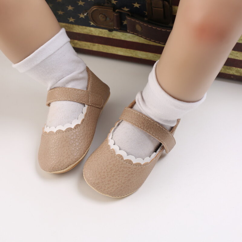 New Baby Party Princess Shoes Infant Toddler Simple Style Non-slip Rubber Soft-Sole PU First Walkers Newborn White Wavy Decor