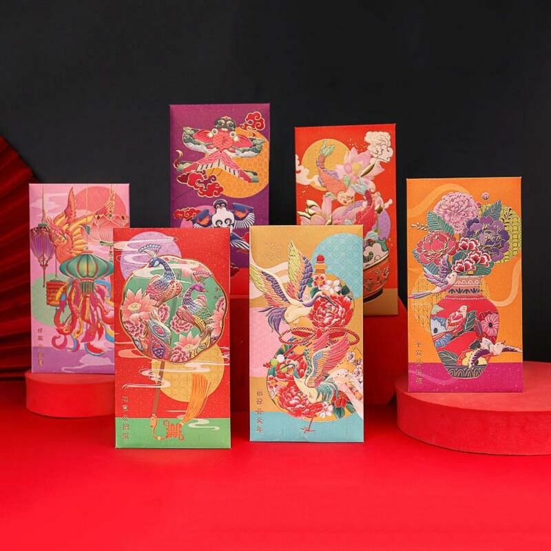 6Pcs/set The Year of Dragon Red Envelope Chinese New Year Decorations Spring Festival Supplies Money Pocket Bronzing Crane