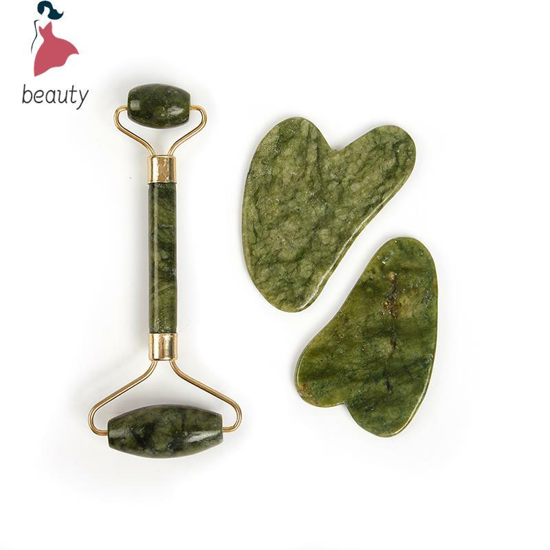 Massaggiatore a rullo in pietra naturale Gua Sha Board Face Green Jade Roller raschietto massaggio facciale Stick antirughe Face Roller