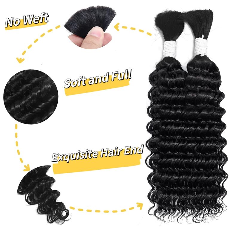 Deep Wave Bulk Human Hair 100% unprocessed Brazilian Virgin Hair 2 Braids per pack human hair micro-braided without weft thread