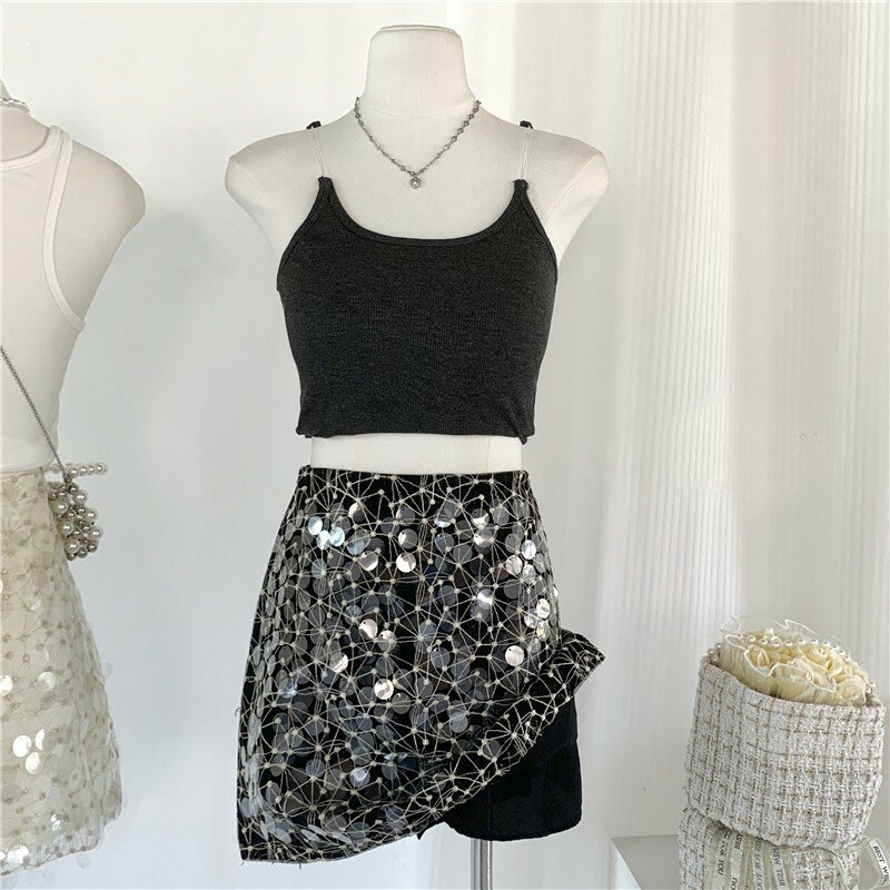 Женская Блестящая мини-юбка с блестками, летняя уличная одежда, облегающая короткая юбка с блестками, женская элегантная юбка с высокой талией