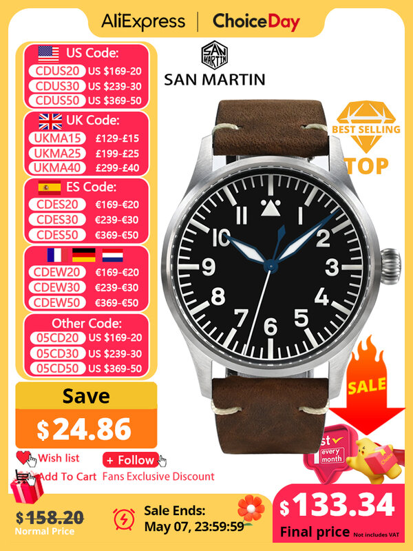 San Martin 41mm jam tangan Pilot klasik, arloji Manual mekanik ST3621 baja tahan karat untuk pria, safir sederhana tahan air 100m