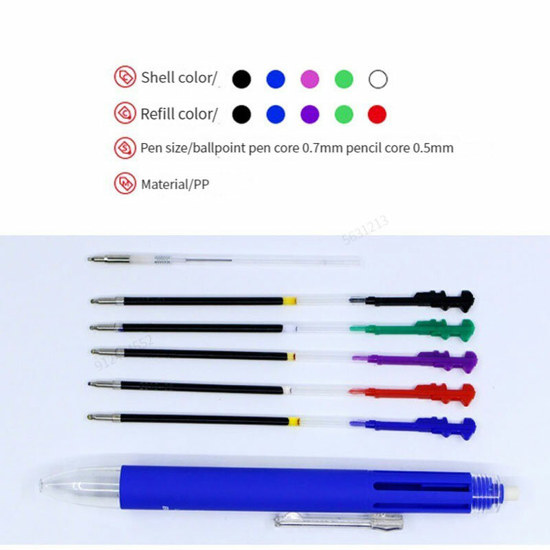 6 em 1 caneta esferográfica multicolor, 5 cores, recarga, 0.5mm, lapiseira, chumbo, escritório, escola, papelaria coreano