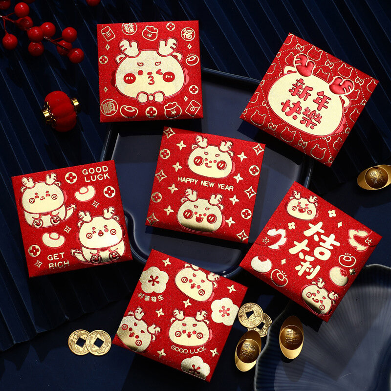 6 szt. 2024 rok smoka w stylu chińskim czerwone opakowanie słodkie wzór smoka zodiaku czerwone koperty szczęście portfel materiały na ozdoby noworoczne