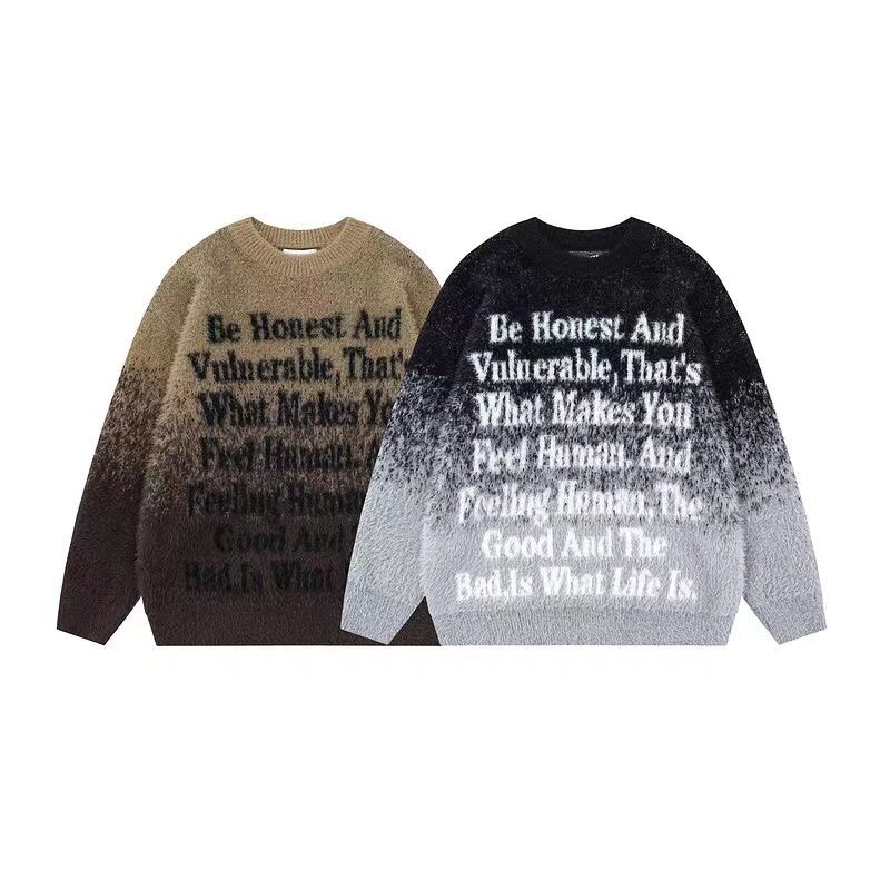 American Retro Youth Street Trend Letter Gradient Sweater Winter Warm Pullover Loose Men With Same Round Neck Couple Knitwear