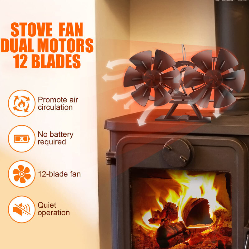パワー暖炉ファン、ダブルヘッド、ログウッドバーナー、熱駆動、エコストーブ、家庭用、高効率、12ブレード