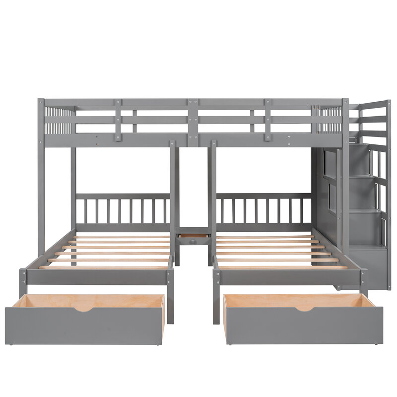 Pełne podwójne łóżko piętrowe, drewniane łóżko piętrowe potrójne łóżko piętrowe z szufladami i poręczami, szare