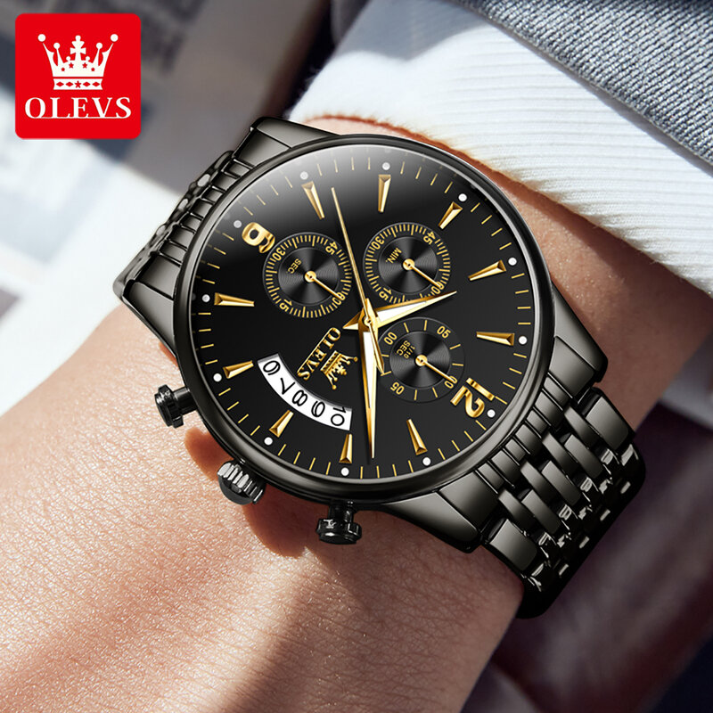 OLEVS-reloj analógico de acero inoxidable para hombre, accesorio de pulsera de cuarzo resistente al agua con cronógrafo, complemento Masculino deportivo de marca de lujo con diseño moderno