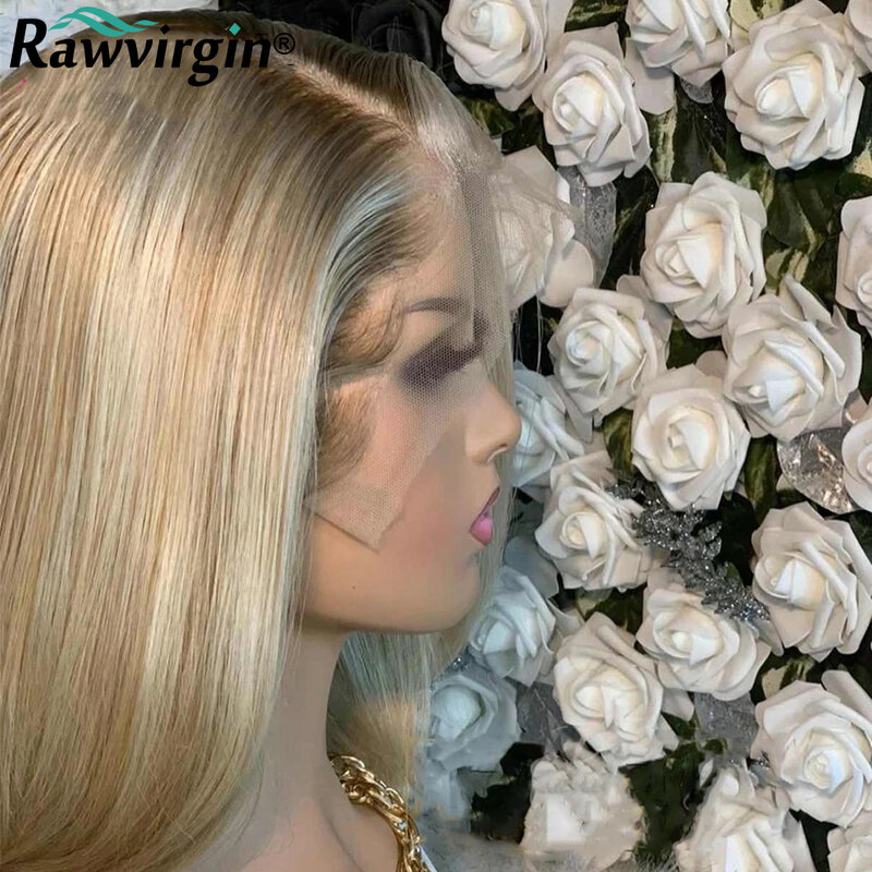 Женский парик из натуральных волос пепепельный блонд с хайлайтером, короткий парик из человеческих волос, прямой парик с застежкой на сетке, прозрачные парики на сетке спереди