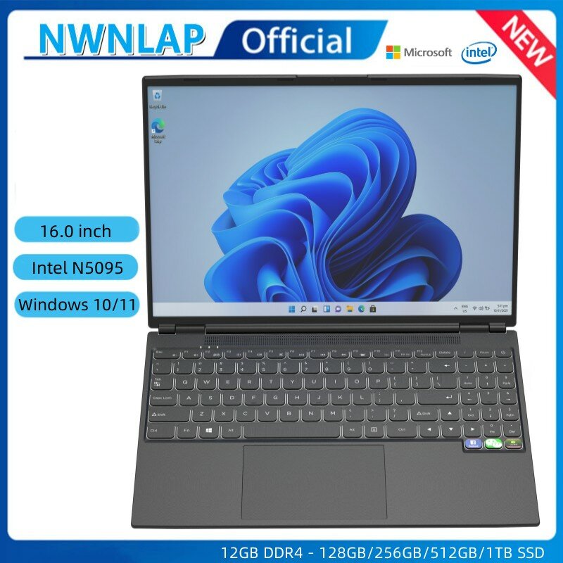 Windows 10 Laptop com Touch ID, 16.0 em, IPS, FHD, Processador Intel, N95, 16GB DDR4 RAM, 128 GB, 256 GB, 512 GB, 1TB SSD, UHD Graphics