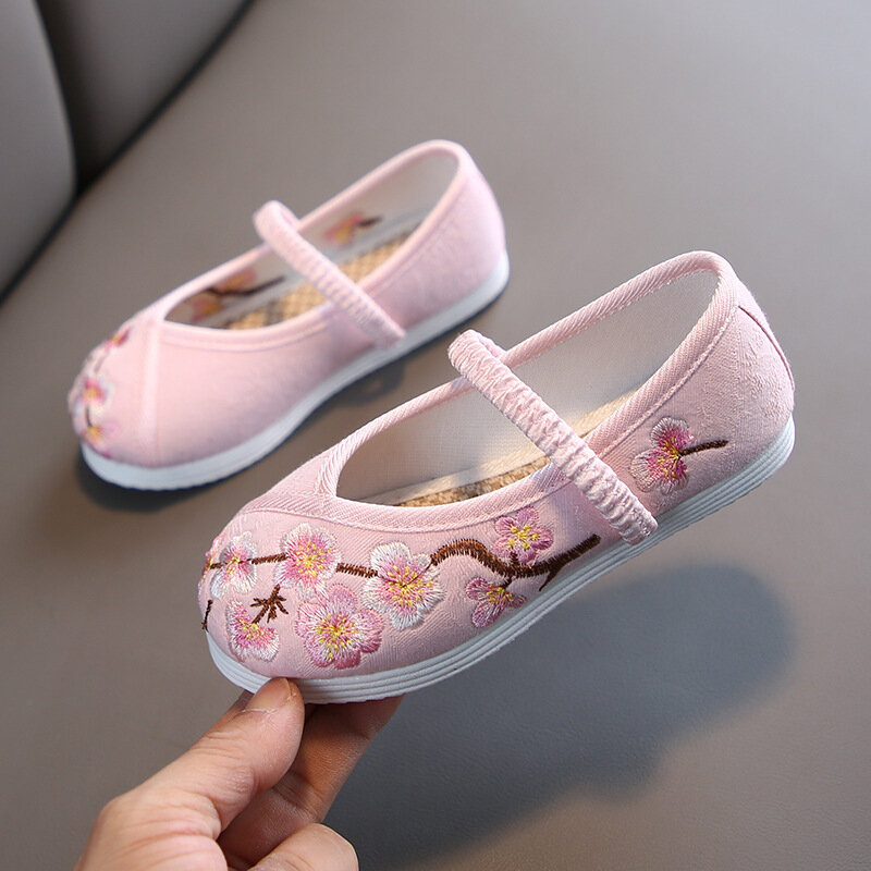 Petites Chaussures Brodées Blanches Traditionnelles de Pékin pour Fille, Idéales brevet Spectacle