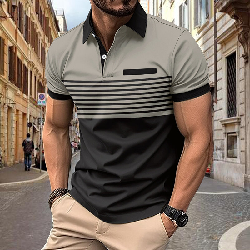Men's Polo Shirt Leisure Lapel Fashion Striped Color Matching Short Sleeve T-shirt Outdoor Golf Shirt Business Casual Shirt