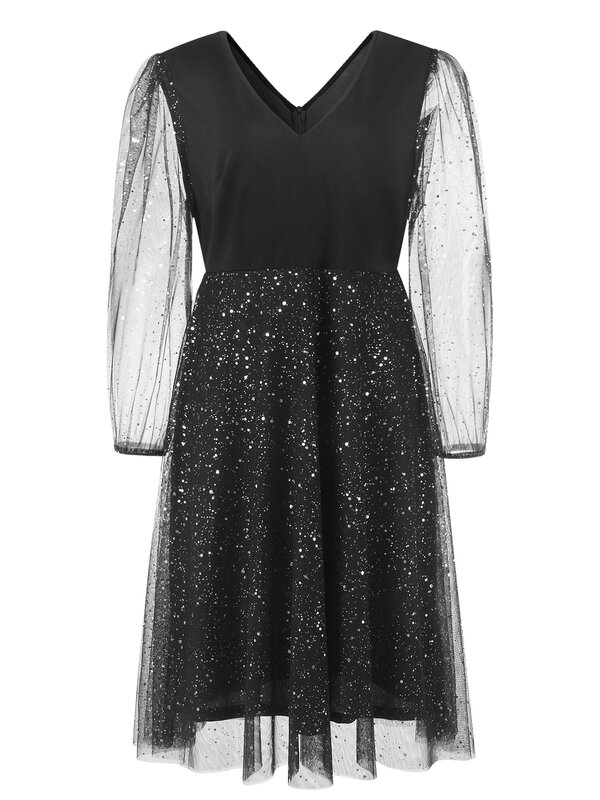 Elegancka damska seksowna dekolt w szpic z przezroczysta siateczka rękawem cekinowa sukienka Midi damska marszczona suknia wieczorowa piękna odzież Plus Size 2024