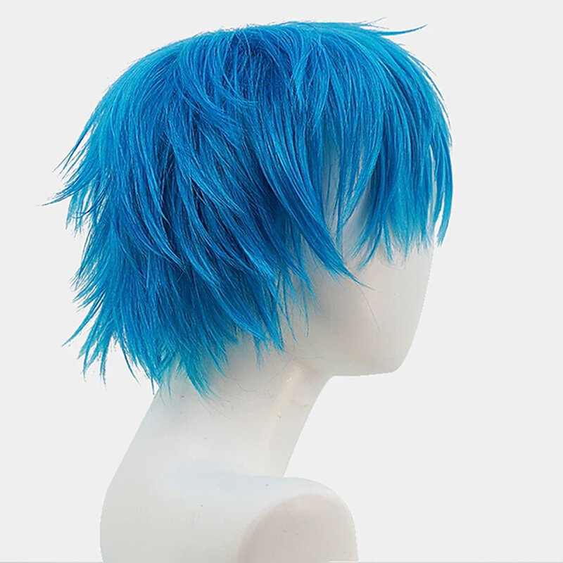 Wig sintetik biru pendek, gelombang alami dengan poni untuk pesta serat pakaian sehari-hari Wig serat suhu tinggi