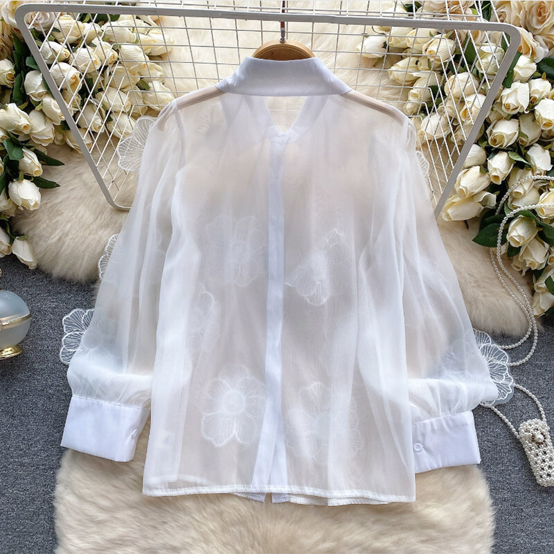QOERLIN Frisada Floral Lace Trasparent Blusa de malha feminina, tops de manga comprida na moda, camisas brancas de botão, apliques de verão, 2024