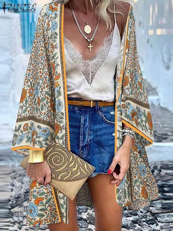 ZANZEA Cardigan Pantai Wanita Bohemian Blus Motif Bunga Musim Panas Kimono Antik Atasan Tunik Lengan Panjang Terbuka Depan Kemeja Liburan