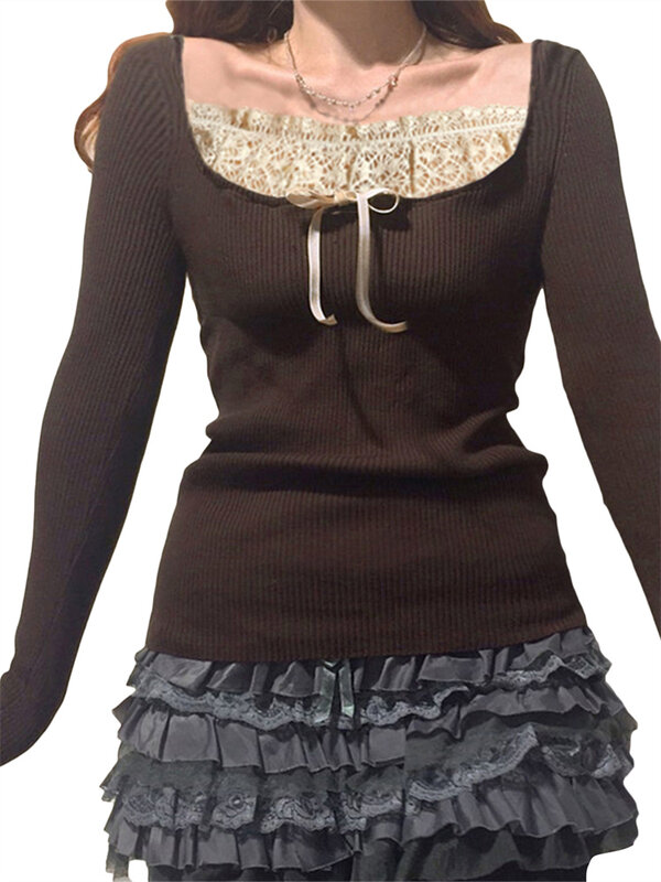 Y2k atasan rajut lengan panjang wanita, pakaian klub pullover kaus garis leher jahitan renda