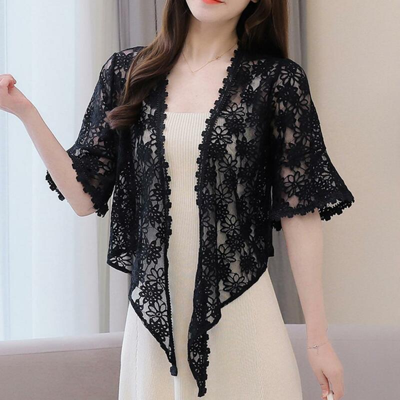 Kardigan renda berlubang tidak beraturan, mantel renda pendek wanita Korea lengan melebar warna hitam putih krem musim panas