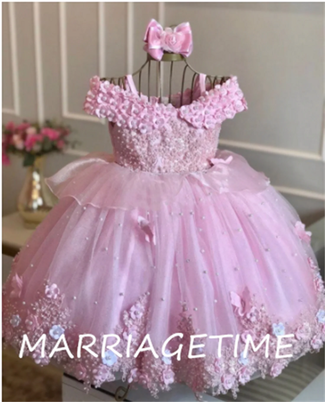 Vestidos de pérolas para bebé, borboletas 3D, vestidos de festa infantil, vestido de aniversário da menina, primeira comunhão, rosa bonito