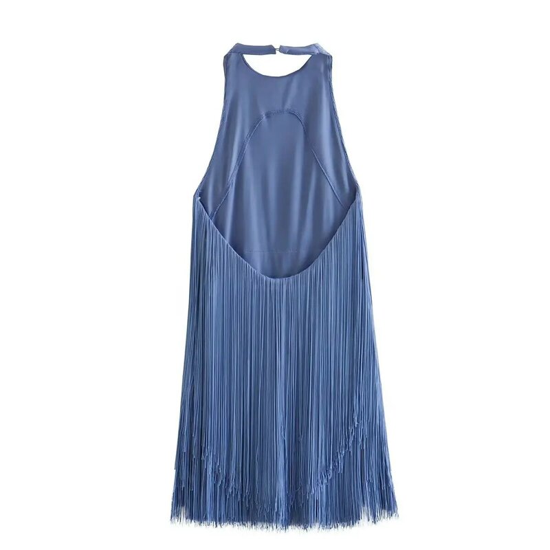 Suninbox gaun biru fesyen wanita, gaun Mini harian Backless tanpa lengan dengan hiasan rumbai