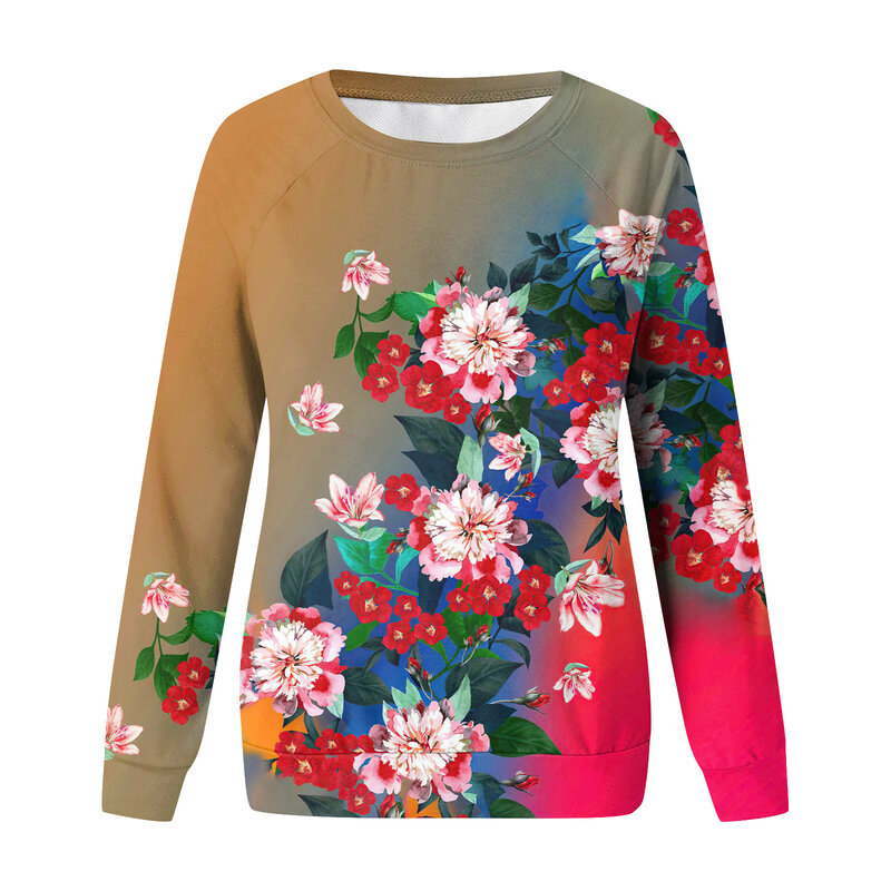 Bluza z okrągłym dekoltem damska, motyw kwiatowy koszulka z nadrukiem, modna casualowa koszulka z długim rękawem, jesień i zima, 2023