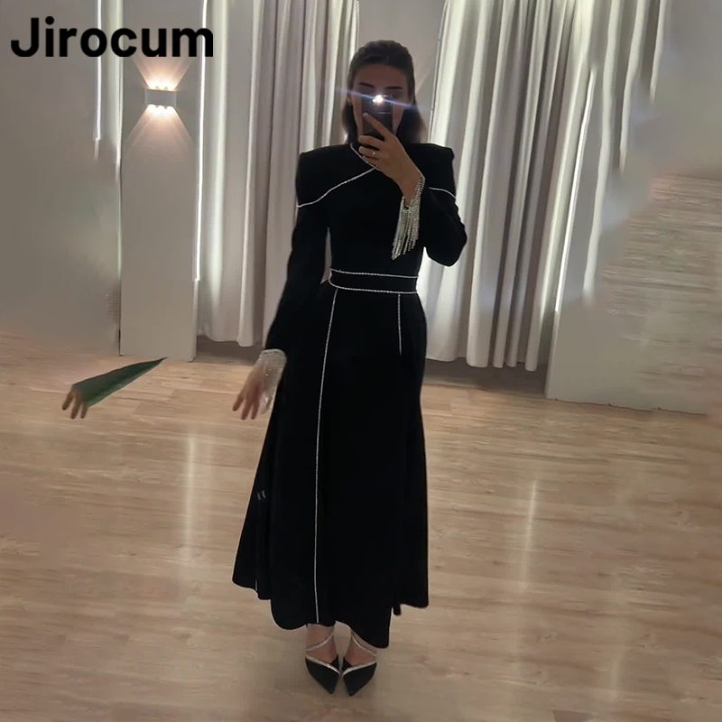 Jirocum Elegant A Line Prom Gown Women's Long Sleeve O Neck Party Evening Gowns Satin Tassel Ankle Length Formal Occasion Dress