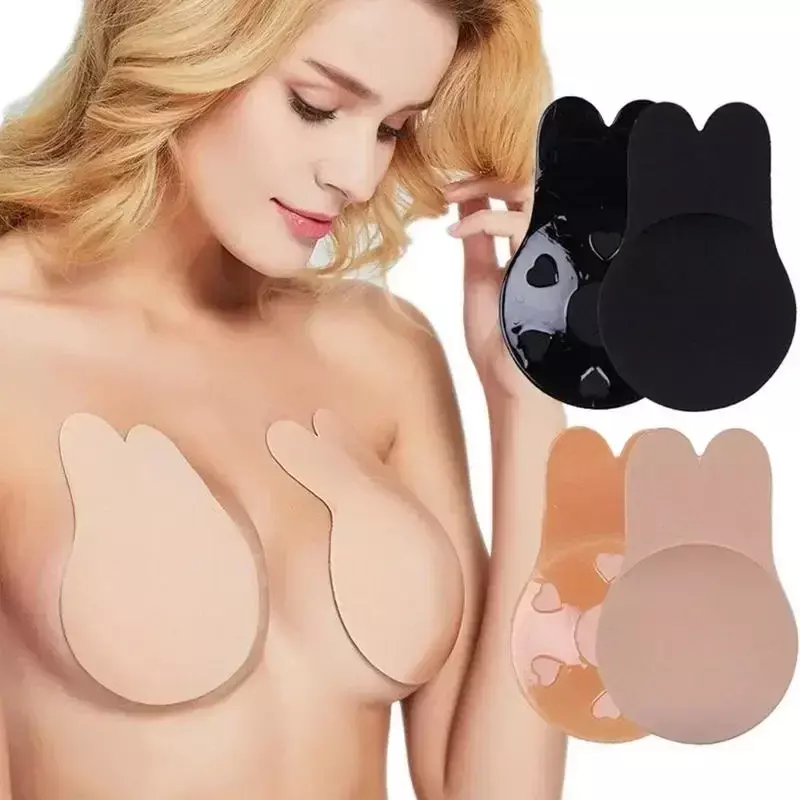 Sutiã invisível sem alças de silicone auto-adesivo para mulheres, sutiãs push up, fita adesiva reutilizável do peito, tampa do mamilo do coelho