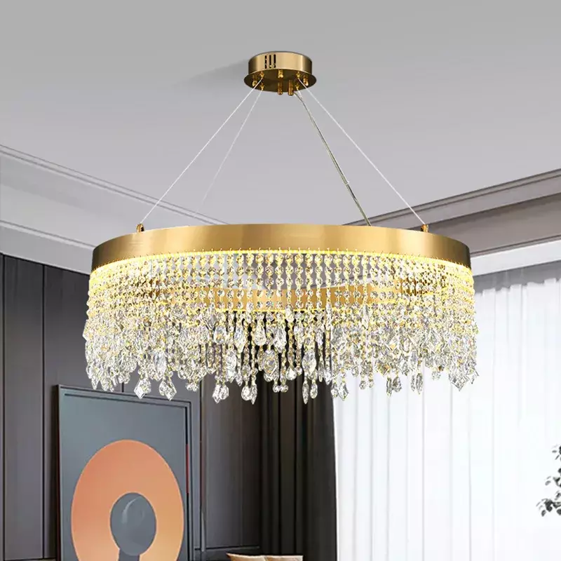 Candelabro de cristal moderno K9, lámpara colgante de lujo para sala de estar, luz colgante de techo circular Led dorada, diseño de brillo, decoración del hogar