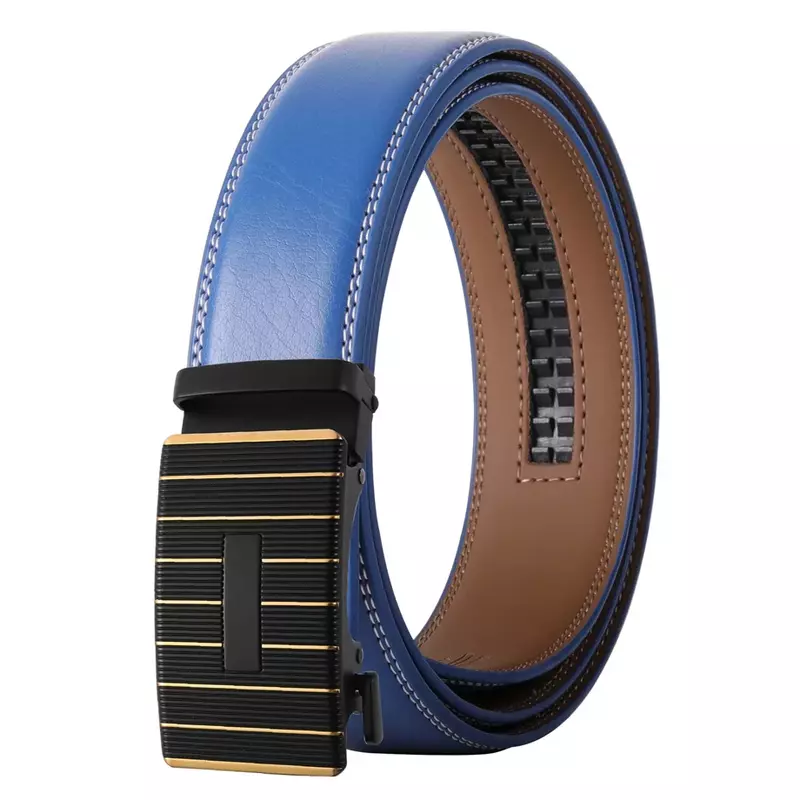 Plyesxale-Cinturón de trinquete para hombre, de cuero auténtico de lujo, hebilla automática, para pantalones, color blanco y negro, B688