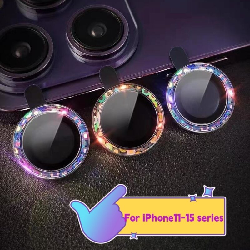 Festoon Rear Camera  Lens Ring 3D Bling For iPhone 15 14 13 12 11 Pro Max Plus Mini Tempered Glass Screen Protector