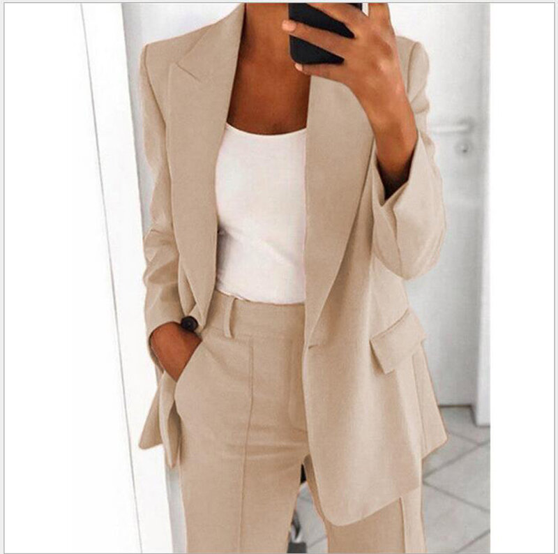 Jacket Set for Women Fashion Lapel Slim V-Neck Office Lady Jacket Elegant Cardigan Female Long Sleeve Button Jackets and Pants