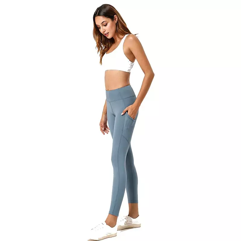 Штаны Для Йоги телесного цвета женские спортивные облегающие брюки с завышенной талией брюки для фитнеса с карманами